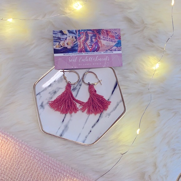 New Trendy BOHO STYLE Pink Tassels On Rose Gold Hoops,Easy Clip-Closure Earrings - Picture 4 of 16